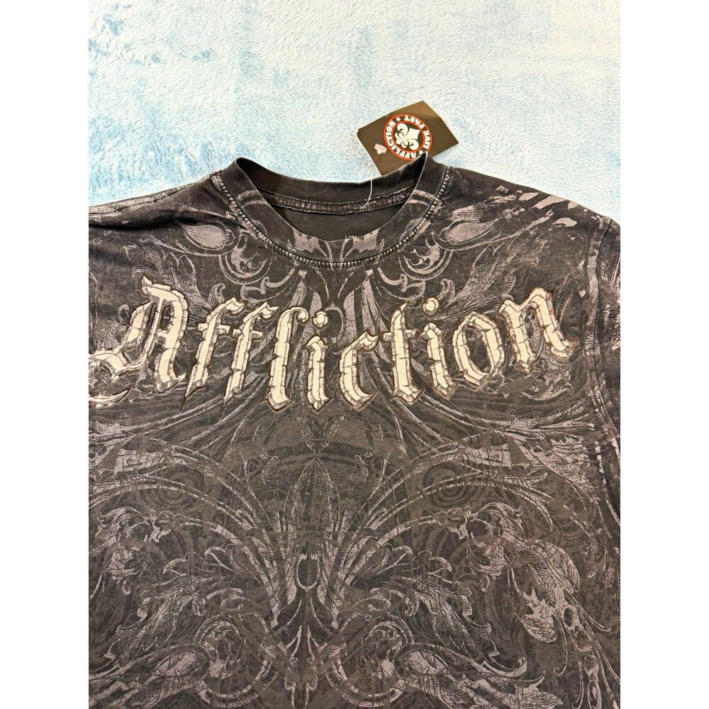 NWT Affliction Mens T Shirt Small Black Mineral Wash Gothic Cross Wings Graphic